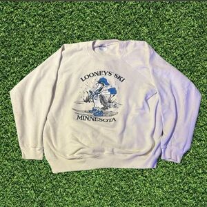 VTG 80s Hanes Looneys Ski Minnesota Sweatshirt White L Made USA Loon Bird